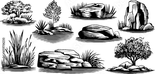Set of hand-drawn trees and rocks in black and white