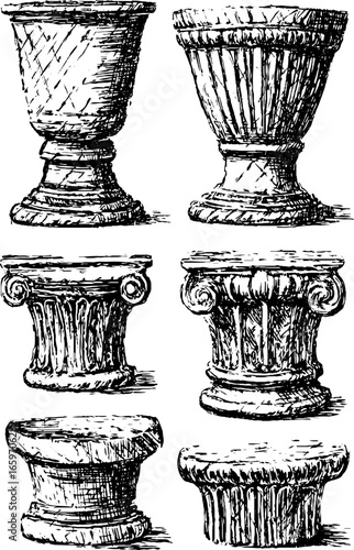 Detailed sketch of classical architectural column capitals in black and white