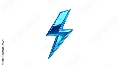 3D Stylized Lightning Bolt Icon – Metallic Light Blue Chrome Render Isolated PNG