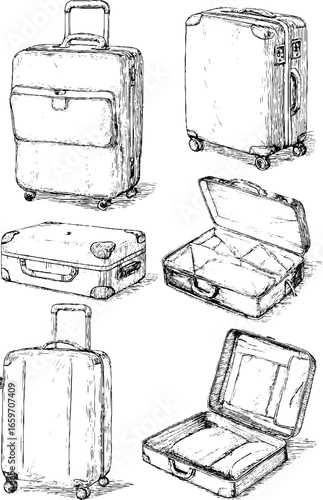 Vintage suitcase collection: detailed sketches of classic luggage designs