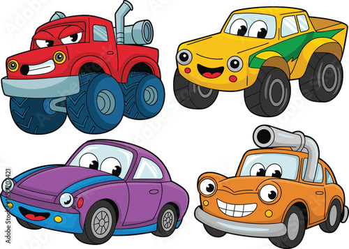 Cartoon cars vector illustration, smiling colorful vehicles, kids transport clipart, happy car characters, isolated on white, stock image