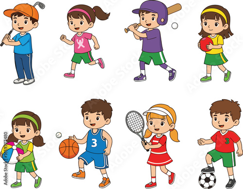 Cartoon children playing sports, baseball, basketball, tennis, football, running, volleyball, active kids, fitness, fun, healthy lifestyle, illustration