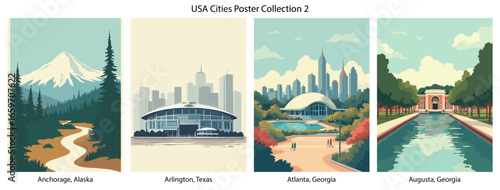 Anchorage, Alaska , Arlington, Texas , Atlanta, Georgia , Augusta, Georgia  Flat Vector Poster Collection