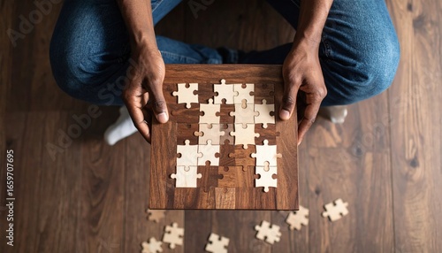 Person Solving Jigsaw Puzzle On Wooden Board