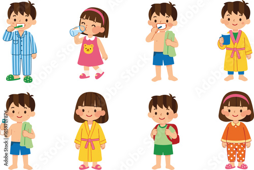 Cartoon kids morning routine, brushing teeth, drinking water, wearing pajamas, towel, bathrobe, backpack, hygiene habits, vector illustration, cute style
