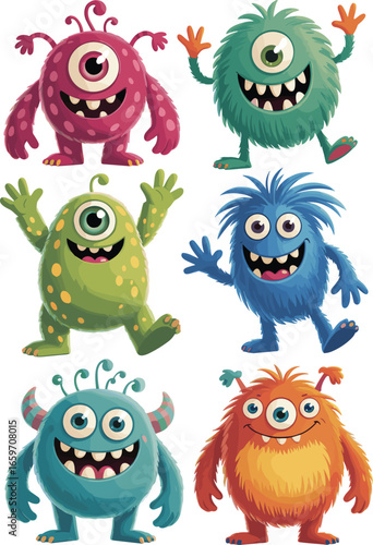 Cartoon monster vector illustration, colorful one-eyed creatures, cute fantasy characters, isolated clipart, kids design, fun drawing, Halloween theme