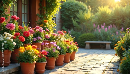 Wallpaper Mural Vibrant colorful flowers arranged in pots on patio with rich plants and sun. Sunny backyard garden with stone bench, dahlia and daisy flowers in flowerpots. Summer bloom. Garden decor illustration. Torontodigital.ca
