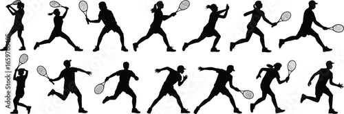 Silhouette tennis players, male and female, action poses, racket sport, running, hitting ball, vector illustration, black shape, athletic movement