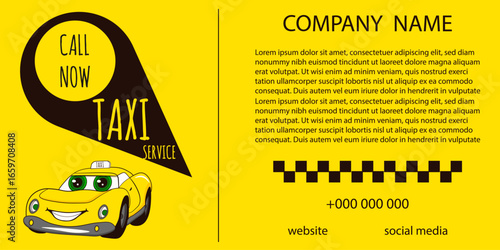 Taxi service vector ads banner. Cartoon yellow taxi car with ads information template design. Perfect ads taxi service banner layout. EPS 10