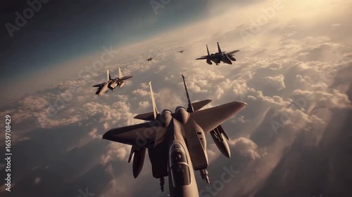 AI-generated Fighter jets flying in formation above the clouds during a military aviation scene