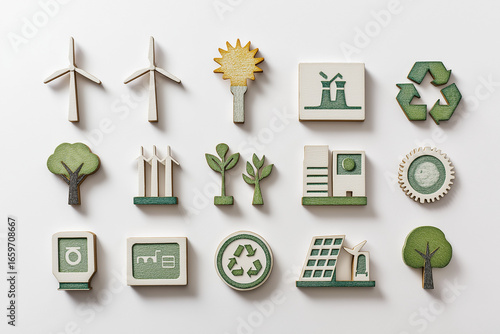 flat lay of sustainable energy icons including wind turbines, eco gear, SDG badges on white background, clean energy concept highlighting climate-friendly renewable resource technology