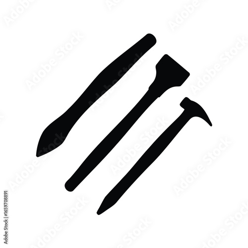 Silhouetted Hand Tools for Carpentry including a Chisel, a Punch, and a Hammer
