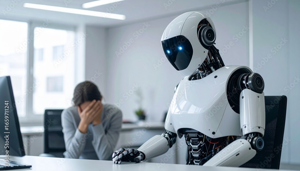 Fototapeta premium A robot offers comfort to a person who appears distressed at the office