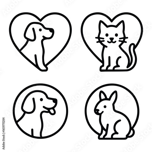 Cute hand drawn animal icons featuring dogs cats and rabbits within hearts and circles isolated on white background
