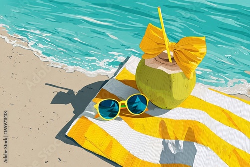 Tropical coconut drink with yellow bow and sunglasses on striped towel at the beach, summer vacation and relaxation by the sea