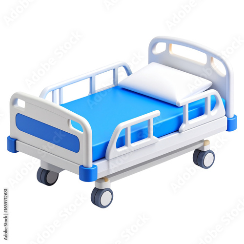 A clean, blue hospital bed on wheels, ready for a patient.