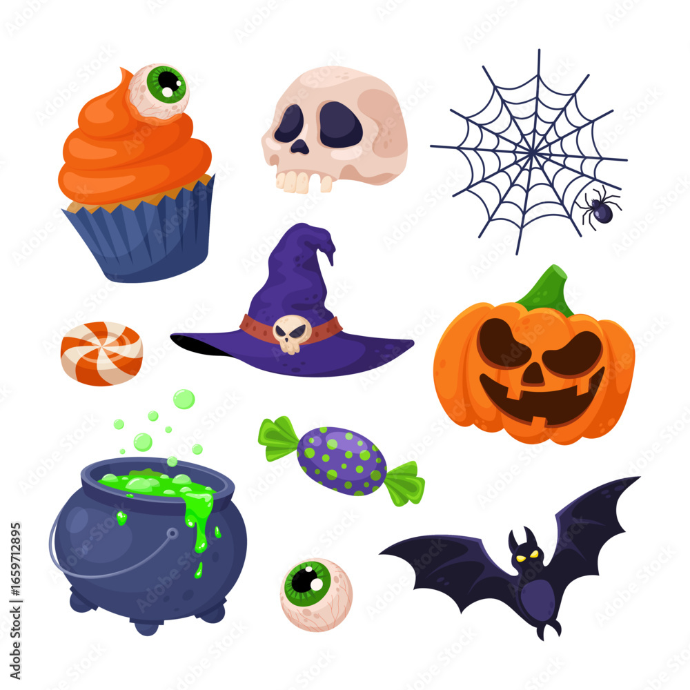 Fototapeta premium Set of cartoon Halloween elements with pumpkin, skull, witch hat, cauldron, bat, eye, spider web, cupcake and candy. 