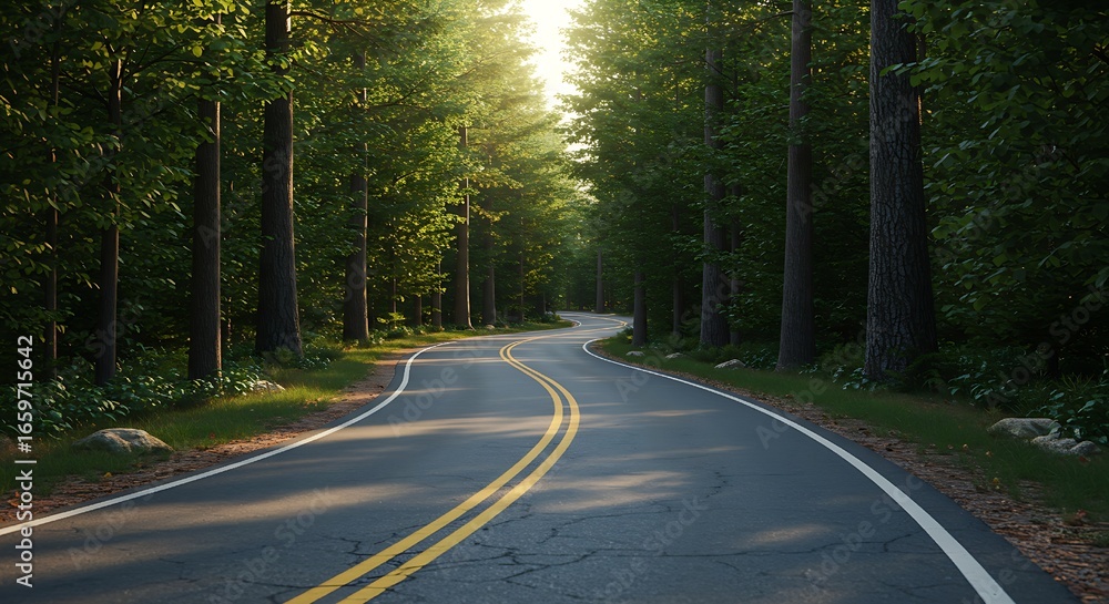 Obraz premium Flat view of road through green forest, lush green healthy rain forest, environment, health, green economy, beautiful way view of nature ecosystem for save Earth with Generative AI.
