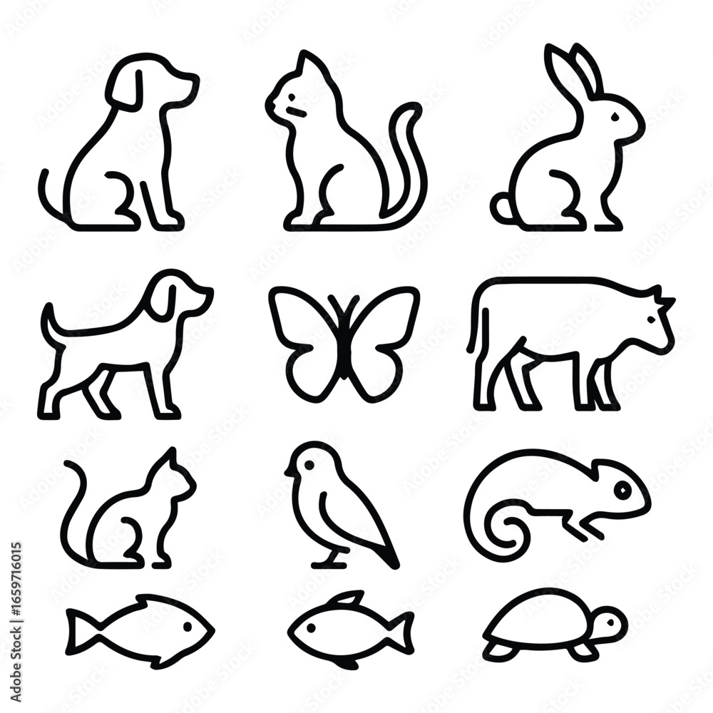 Obraz premium Collection of simple line art icons representing various animals isolated on white background