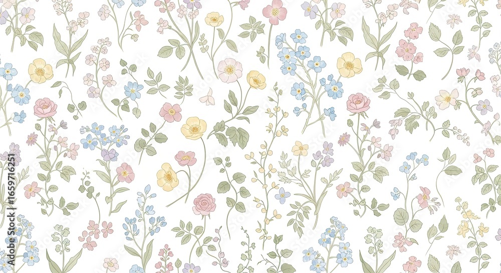 Fototapeta premium Delicate Wildflower Botanical Seamless Pattern Soft Pastel Green Hues