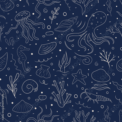 Seamless doodle pattern with marine elements. Suitable for textiles, wallpaper or decorative elements. Made in a minimalist style with white lines on a dark blue background.