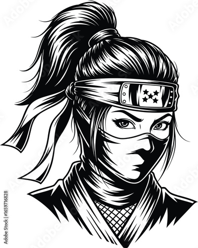 Intense monochrome vector illustration of a mysterious female operative with a headband and mask. Detailed graphic portrait of a martial arts character.