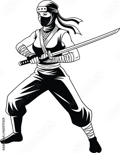 Dynamic vector illustration of a powerful female fighter in a martial arts combat stance, holding a sharp katana blade. Black and white graphic art.