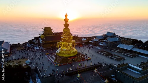 Cinematic Drone Footage of Golden Summit, Mount Emei – Sunrise over UNESCO World Heritage Site in Sichuan, China