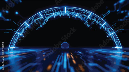 Digital Speedometer or Gauge with Glowing Blue Lines and Data Streams technology futuristic.