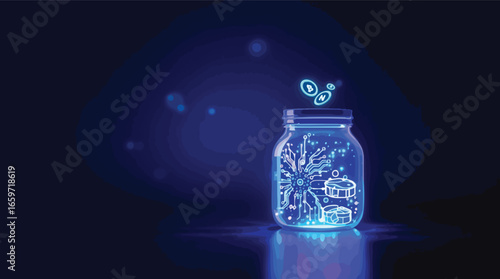 Glass Jar Filled with Glowing Blue Circuitry and Digital Coins technology cryptocurrency.