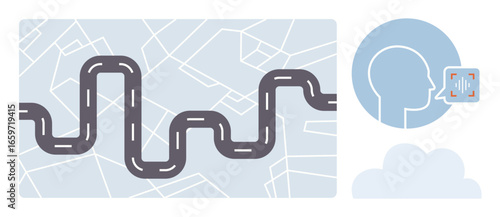 Winding road over a map background complemented by a profile with voice recognition. Ideal for navigation, communication, data security, AI, technology, travel, abstract problem-solving. Simple flat