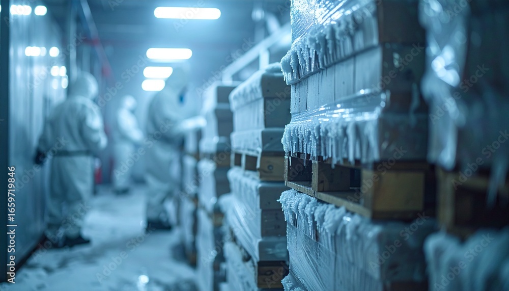 Obraz premium Cold Storage warehouse with workers and stacked pallets