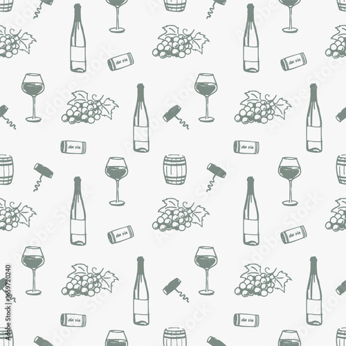 Wine bottle, glass, grape bunch, barrel, corkscrew and cork with handwritten text vin repeated in seamless pattern. Vintage sketch style vector illustration