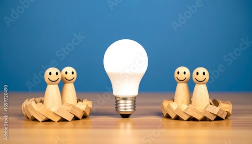Two groups of wooden figures are seated in their respective nests, with a glowing light bulb positioned between them, symbolizing innovation and ideas