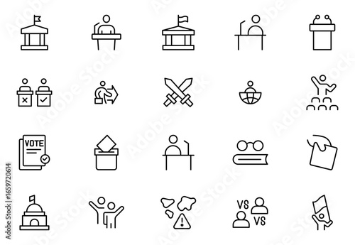 Politics line icon set. It contains vector icons of Teams, Decrees, Votes, Campaigns, Demographics, Elections, Flags, Solutions, and Checking. Thin outline icons pack.