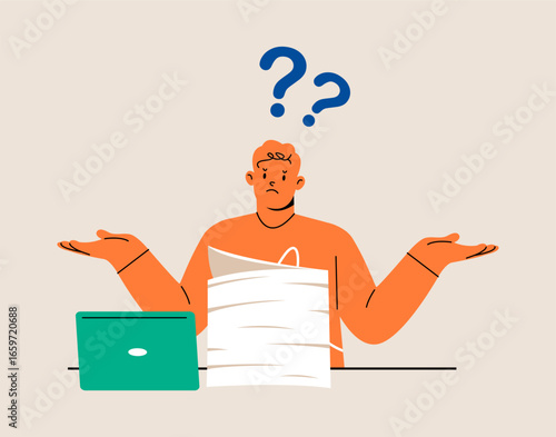 Man piled up with work. Problem, Job, Document. Colorful vector illustration