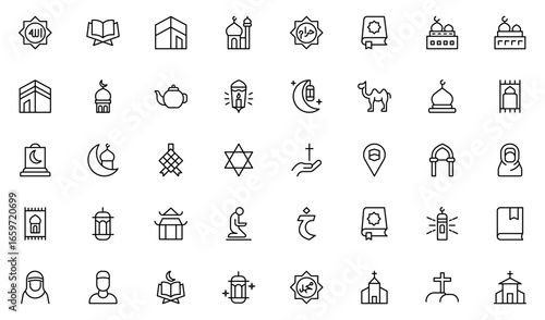 Religion and faith icon set. Religious icon collection in line style. Related to Islma, Christian, Hinduism, Judaism.Thin outline icons pack. Vector illustration. editable stroke