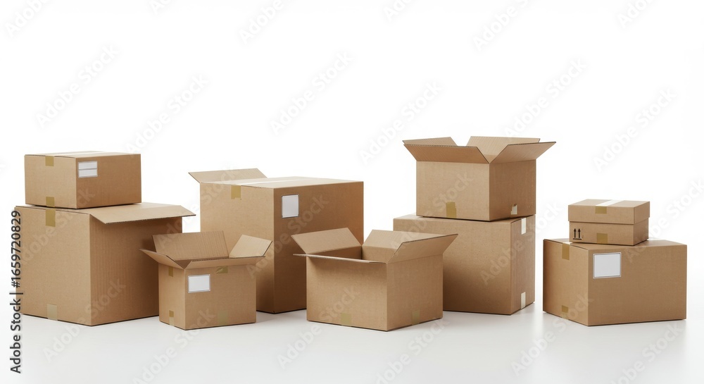 Fototapeta premium Assorted Cardboard Shipping Boxes, Open and Stacked, Isolated on a Clean White Background.