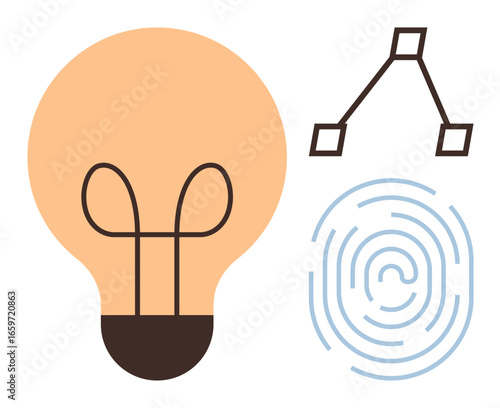 Lightbulb for ideas, fingerprint for identity, and vector nodes for creativity. Ideal for innovation, technology, design, creativity, security branding and uniqueness themes. Simple flat metaphor