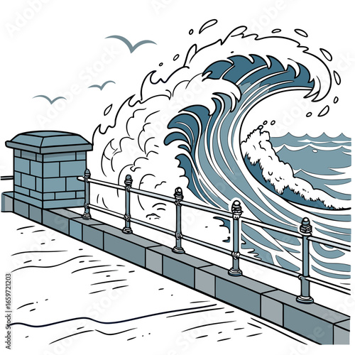 A powerful ocean wave crashes near a stone promenade with a metal railing and seagulls flying