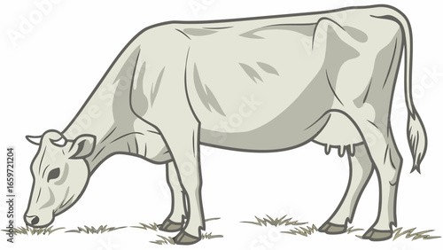 A light gray cow with horns is grazing on grass in a simple illustration style