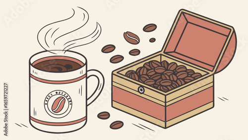 A steaming mug of coffee sits next to an open box filled with roasted coffee beans