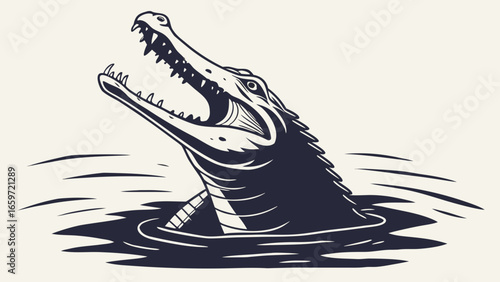 Aggressive crocodile emerging from water with mouth wide open and sharp teeth displayed