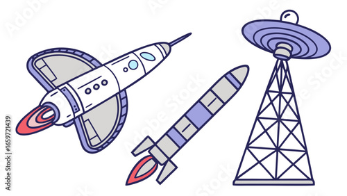 Cartoon style illustration of two rockets and a satellite dish on a white background