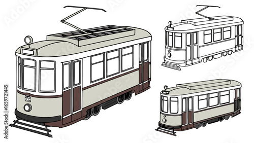 Classic european style tram or streetcar with pantograph and wheels isolated on white background