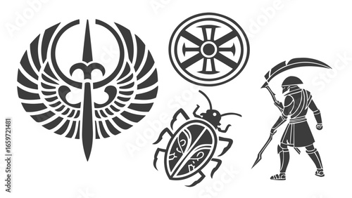 Collection of stylized ancient egyptian inspired symbols including a winged scarab beetle a warrior and a sun disk