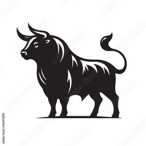 Powerful bull silhouette with horns and muscular body dynamic vector art