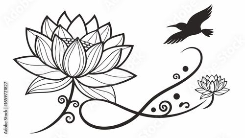 Elegant black and white line art illustration of a lotus flower with a bird and decorative swirls