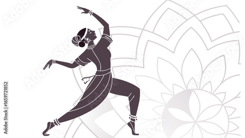 Elegant indian dancer in traditional costume performs a graceful pose against a stylized mandala background