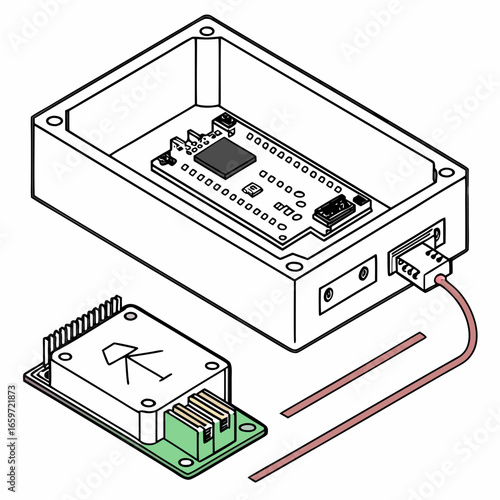 Exploded isometric view of electronic components including a circuit board inside a project enclosure and a sensor module
